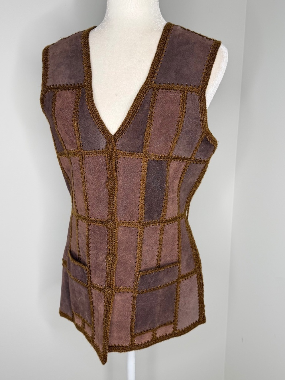 Vintage Handmade Crochet Patchwork Suede Button Up Long Vest Brown S